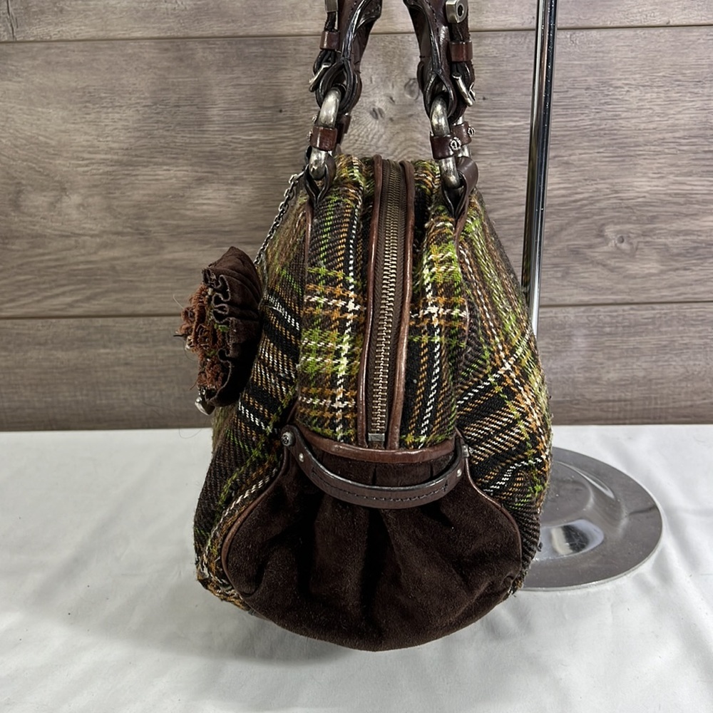 Juicy Couture Green and Brown Plaid Bowler Bag with Flower - Picture 5 of 9